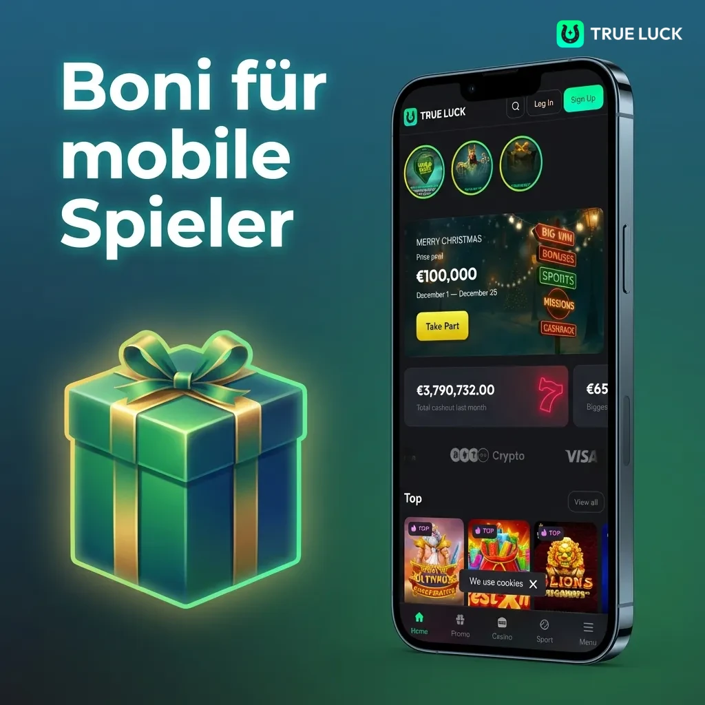 Mobile casino bonuses including welcome offer, reload bonus, and free bet promotions with various wagering requirements.