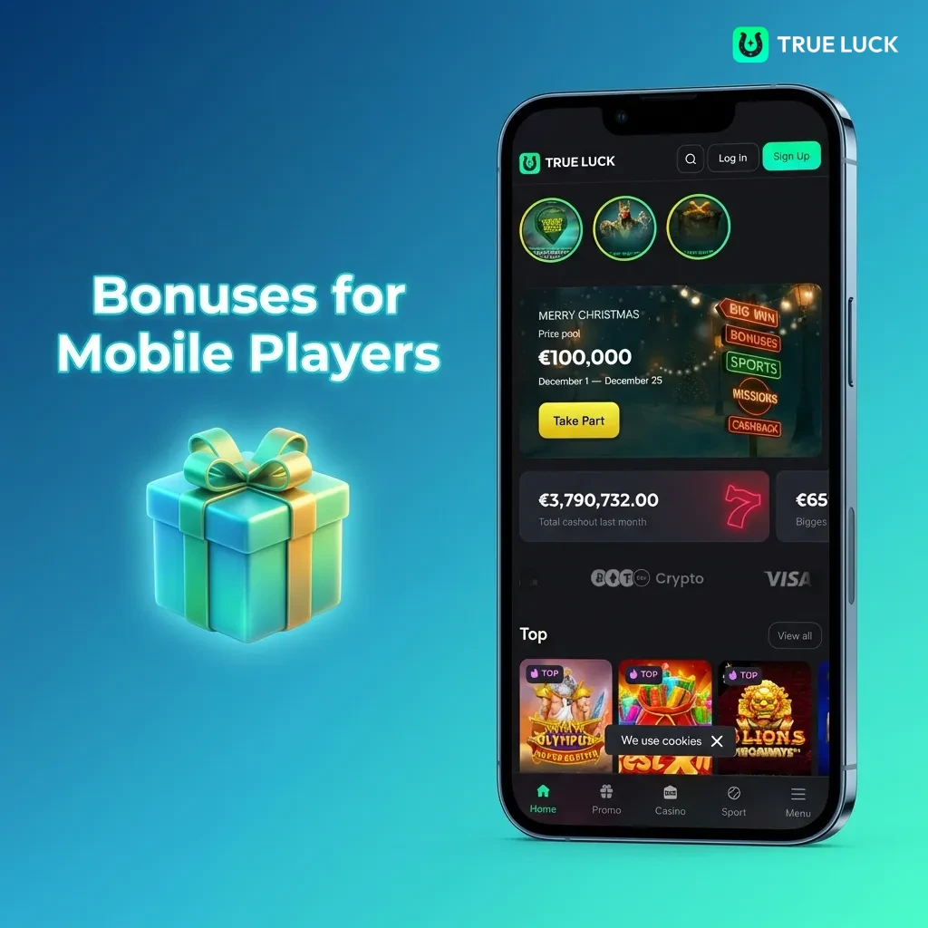 TrueLuck mobile casino bonuses including welcome pack, deposit match, free spins, and sports betting promotions
