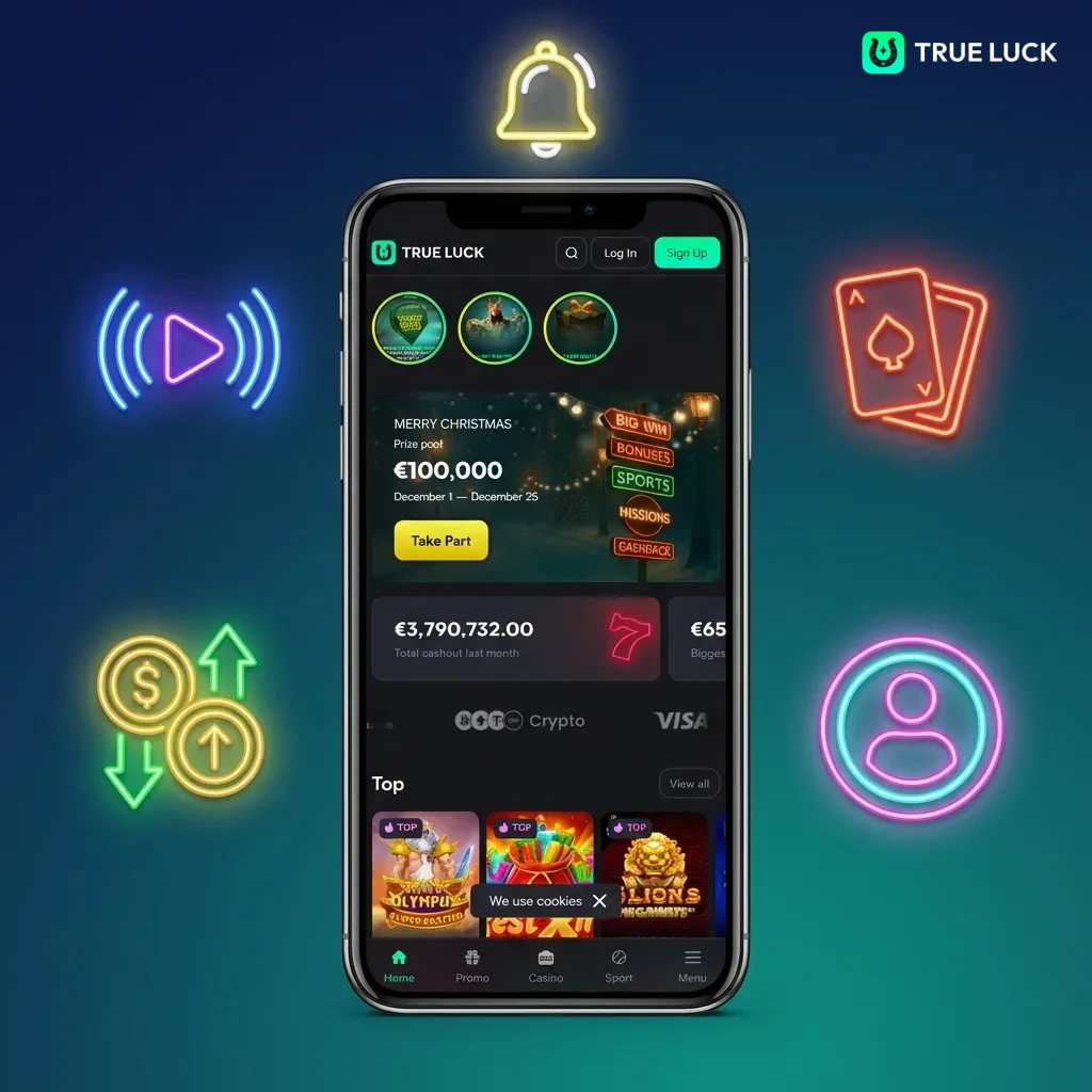 TrueLuck mobile app interface showing casino games, sports betting, and payment options optimized for Spanish users