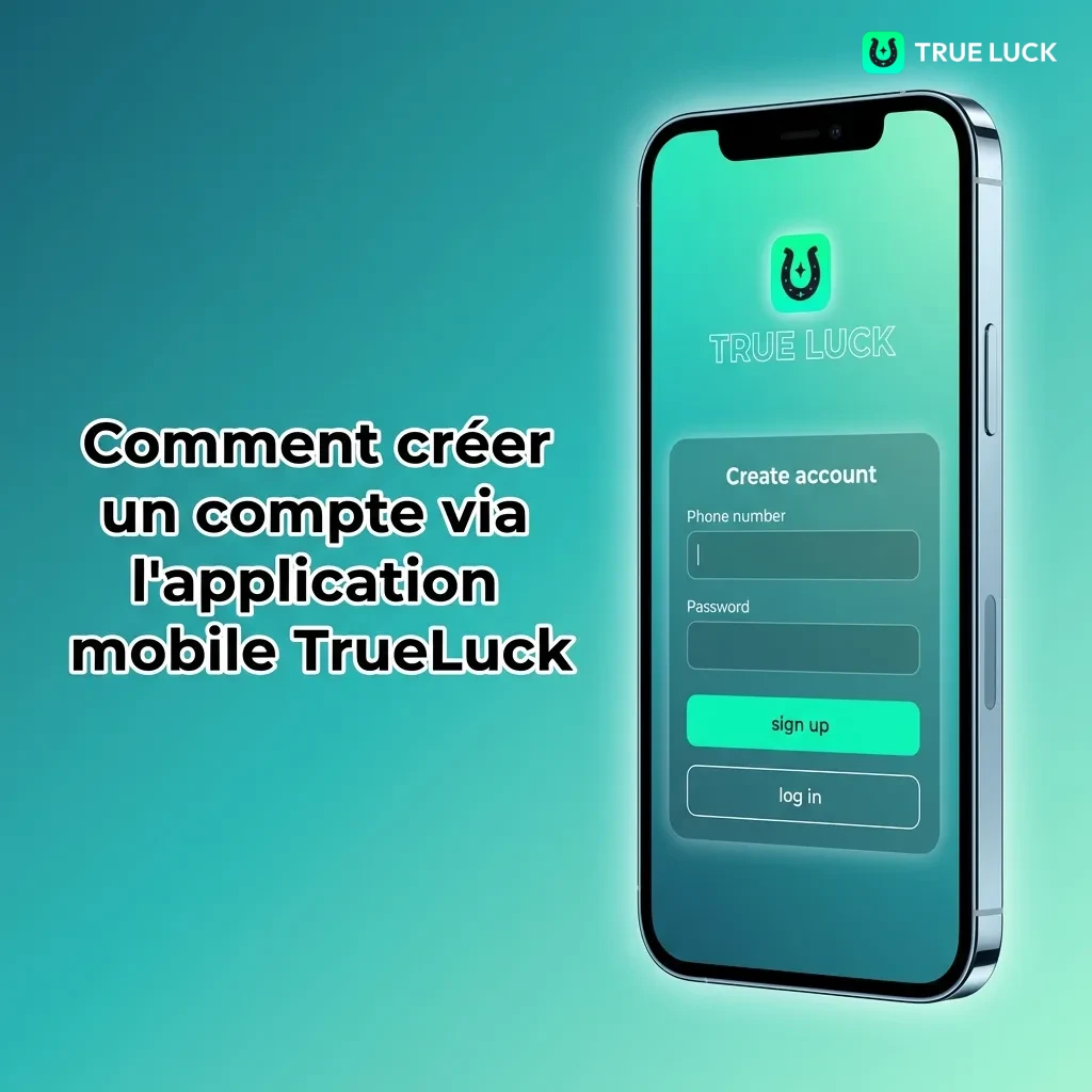 Écran de l'application mobile TrueLuck montrant le formulaire d'inscription avec les champs e-mail, mot de passe et téléphone