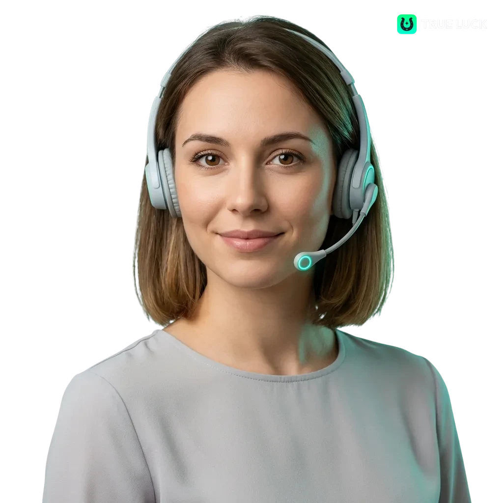 TrueLuck contact page showing multiple communication channels including email, live chat, phone, and social media support