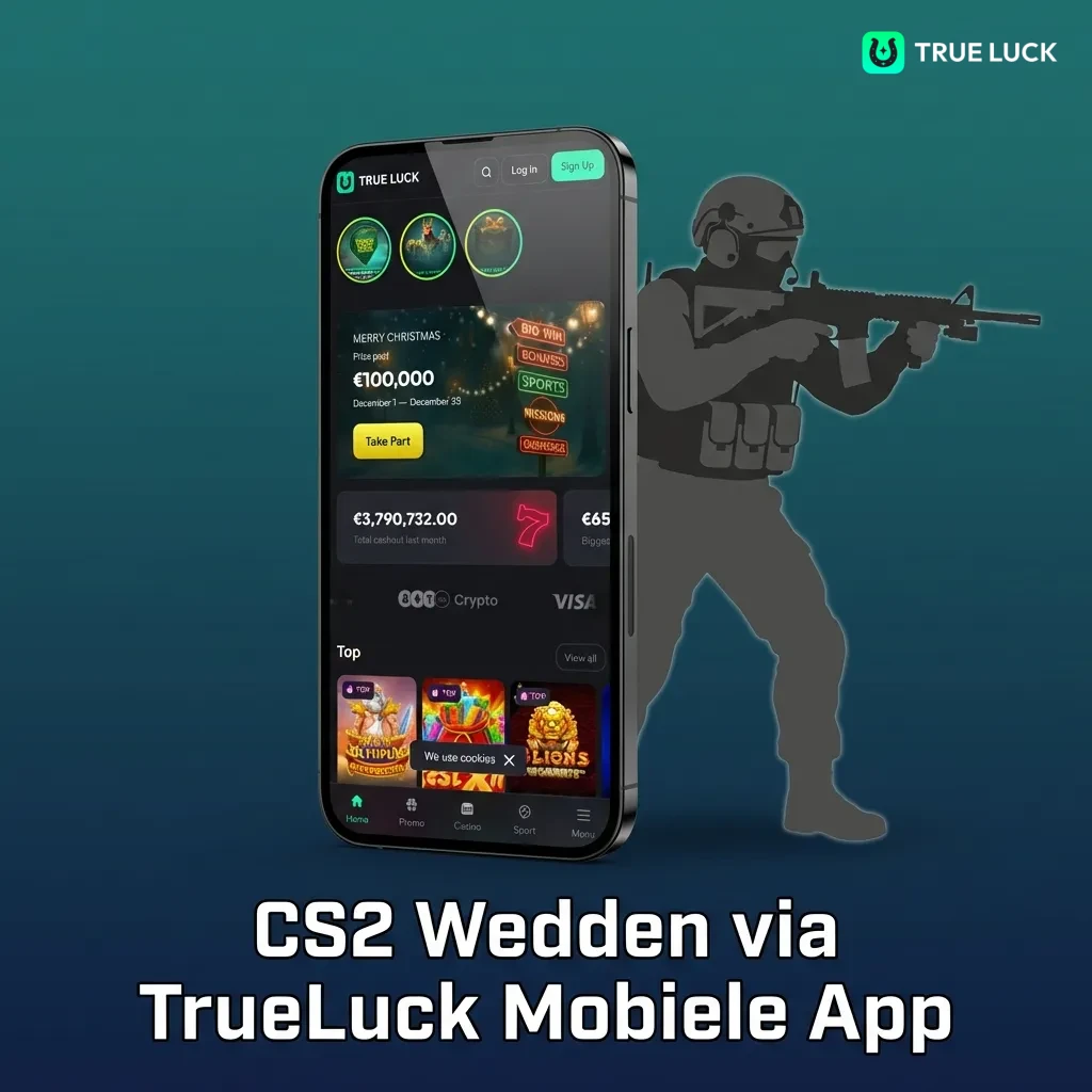 TrueLuck mobiele app interface voor CS2 wedden op Android en iOS met live markten en accountbeheer