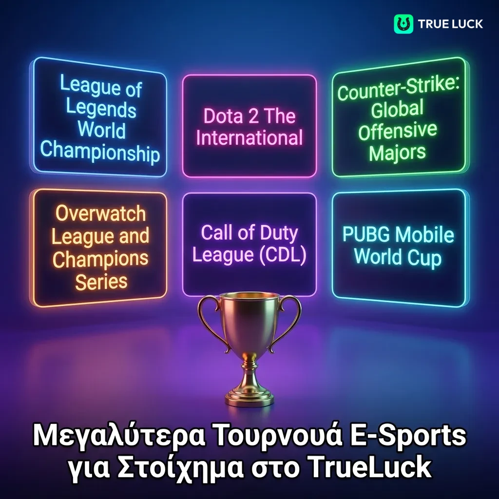 Table showing major e-sports tournaments for betting on TrueLuck, organized by game title including CS2, Dota 2, and LoL