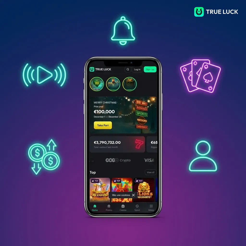 TrueLuck mobile app interface showing casino games, sports betting, and Irish payment options for iOS users