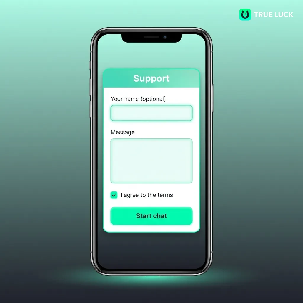 TrueLuck 24/7 customer support options including live chat, email, and FAQ section with response times displayed