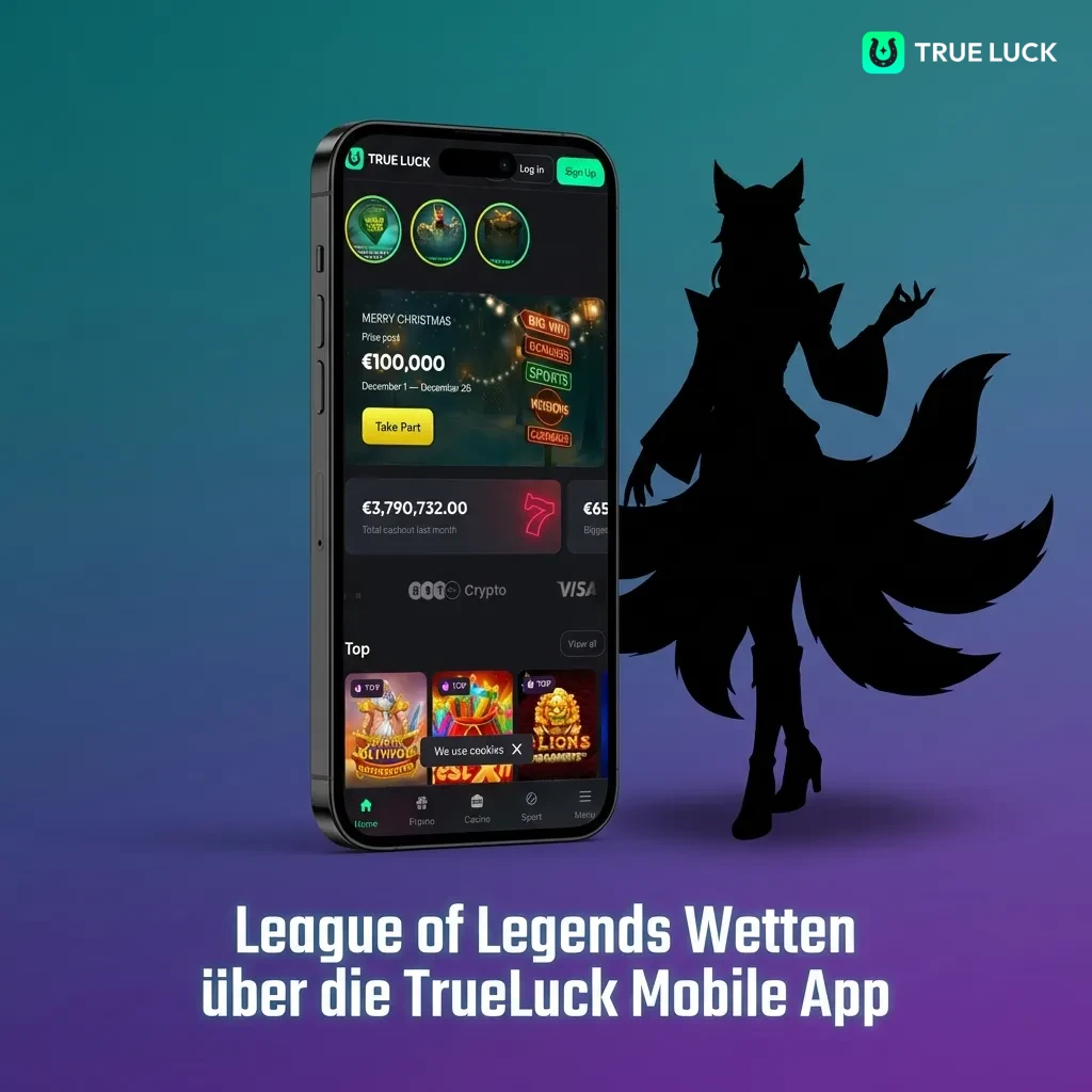 TrueLuck mobile app interface showing League of Legends betting markets and installation steps for iOS and Android devices.