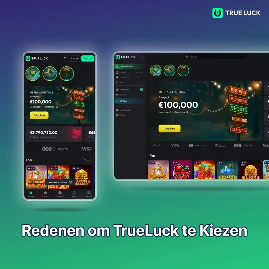 TrueLuck online casino homepage met Nederlandse betaalopties en welkomstbonus promotie voor lokale spelers