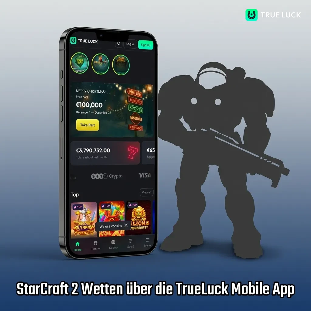 TrueLuck mobile app interface showing StarCraft 2 betting options and live odds on smartphone screen