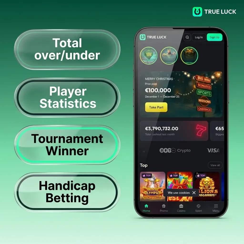 TrueLuck app betting types: simple, combined, system, live, and handicap wagers displayed on mobile interface