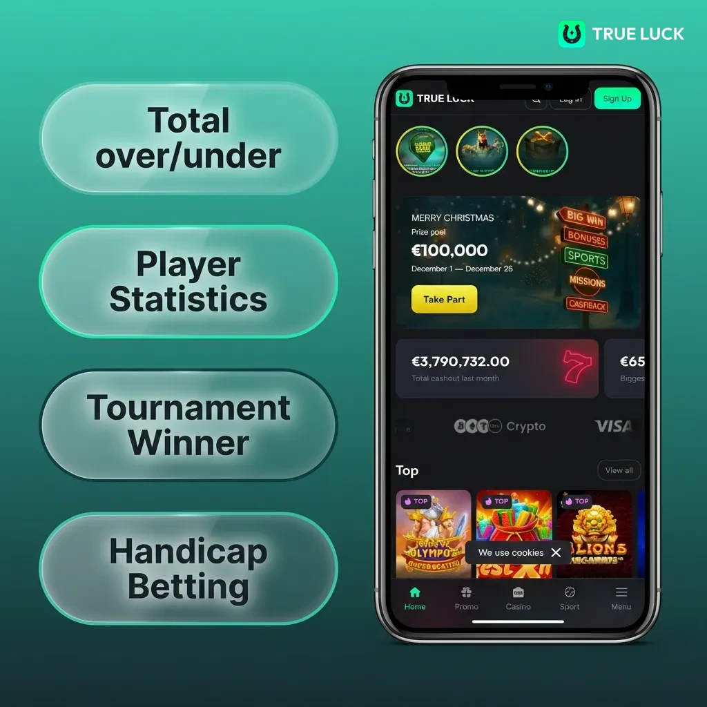 TrueLuck app betting types interface showing simple, combined, system, line, and live betting options