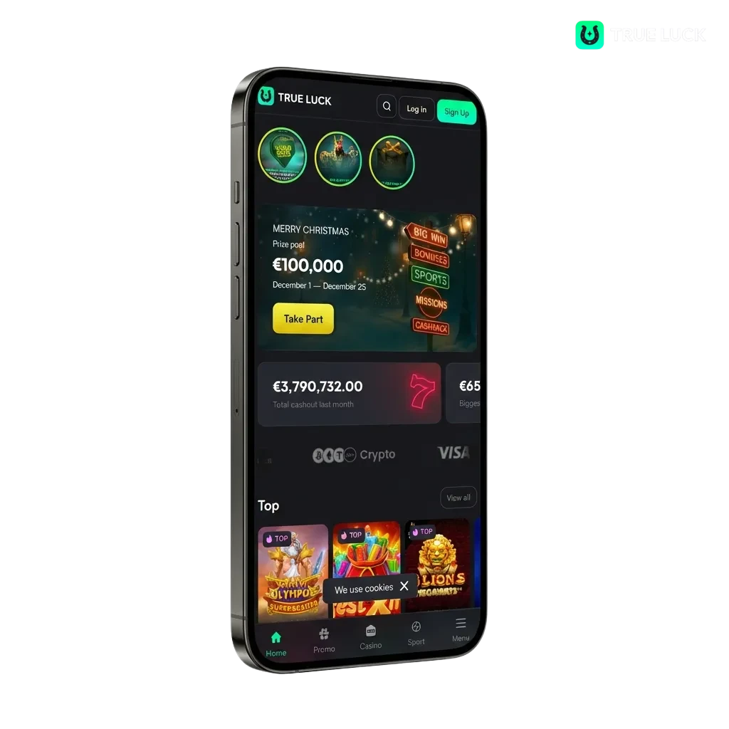 TrueLuck iOS app showing casino slots, live dealer games, and sports betting interface on iPhone with welcome bonus display