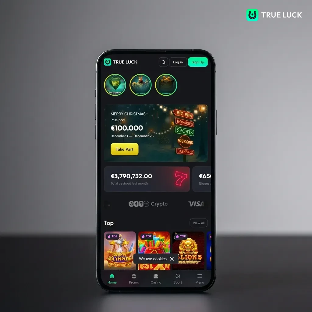 TrueLuck PWA mobile interface showing bottom navigation menu with quick access to casino, live games, sports betting, and account.