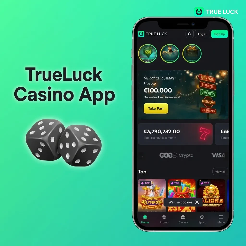 TrueLuck Casino App interface showing slots, table games, live dealers, and sports betting options on mobile device