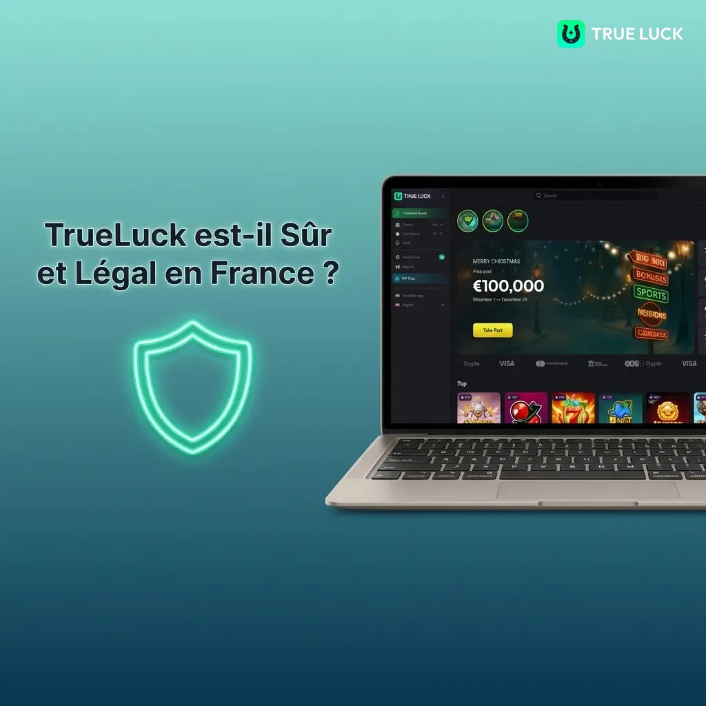 TrueLuck casino logo with security shield and Curacao eGaming license badge, representing legal online gaming in France