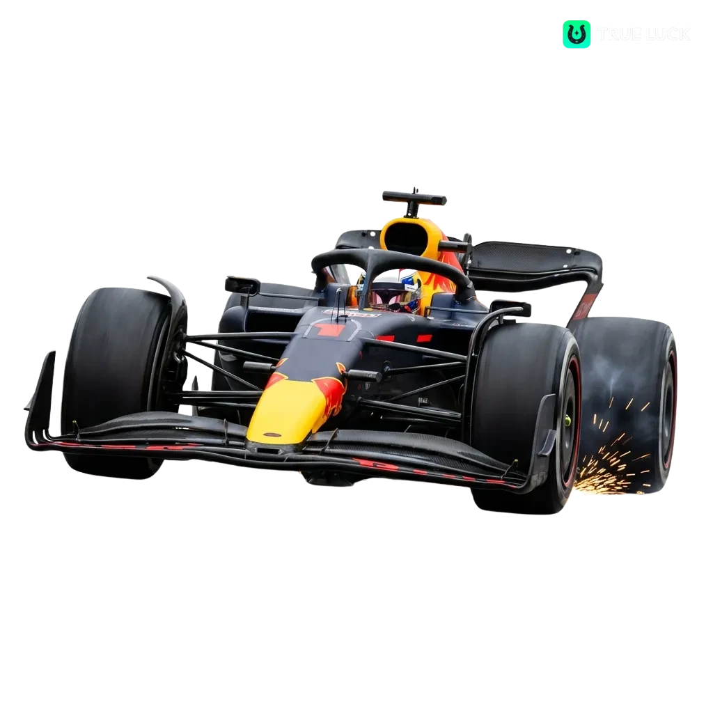 Formula 1 race car speeding on track with TrueLuck betting odds and welcome bonus displayed