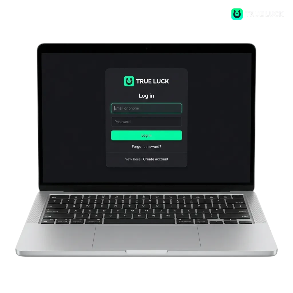 TrueLuck login screen showing email and password fields for accessing sports betting and casino games in Netherlands