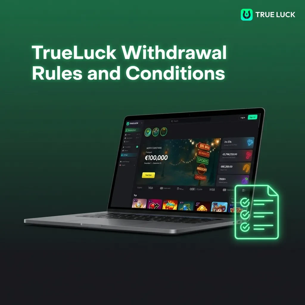 TrueLuck withdrawal rules page showing wagering requirements, verification needs, and transaction limits for players