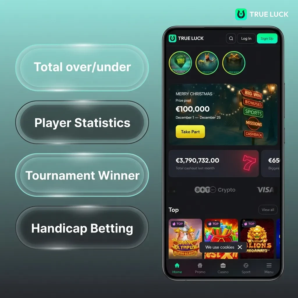 Types de paris TrueLuck : simples, combinés, système, en direct et handicap affichés dans l'application mobile