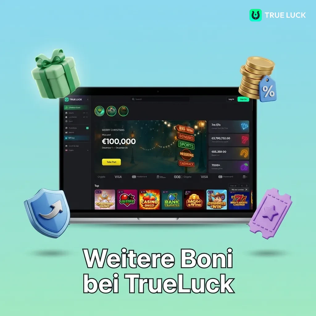 TrueLuck casino bonuses including reload offers, cashback, loyalty program rewards, and tournament prizes for players