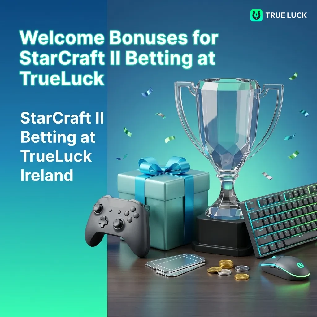 TrueLuck Ireland welcome bonus interface showing 100% up to €300 sports betting offer for StarCraft II esports markets