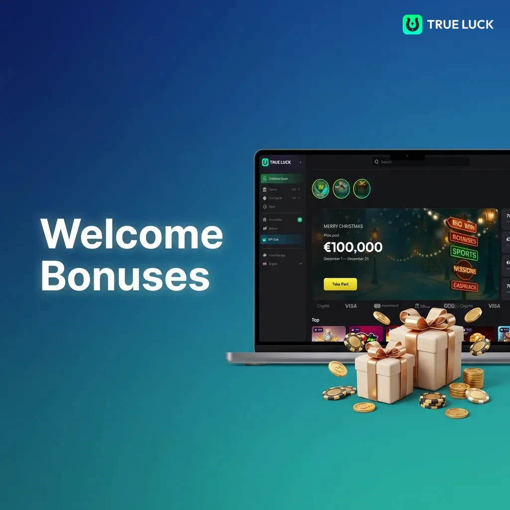TrueLuck welcome bonuses: 250% slots bonus up to €4,000, 250% live casino up to €2,000, or 100% sports up to €300