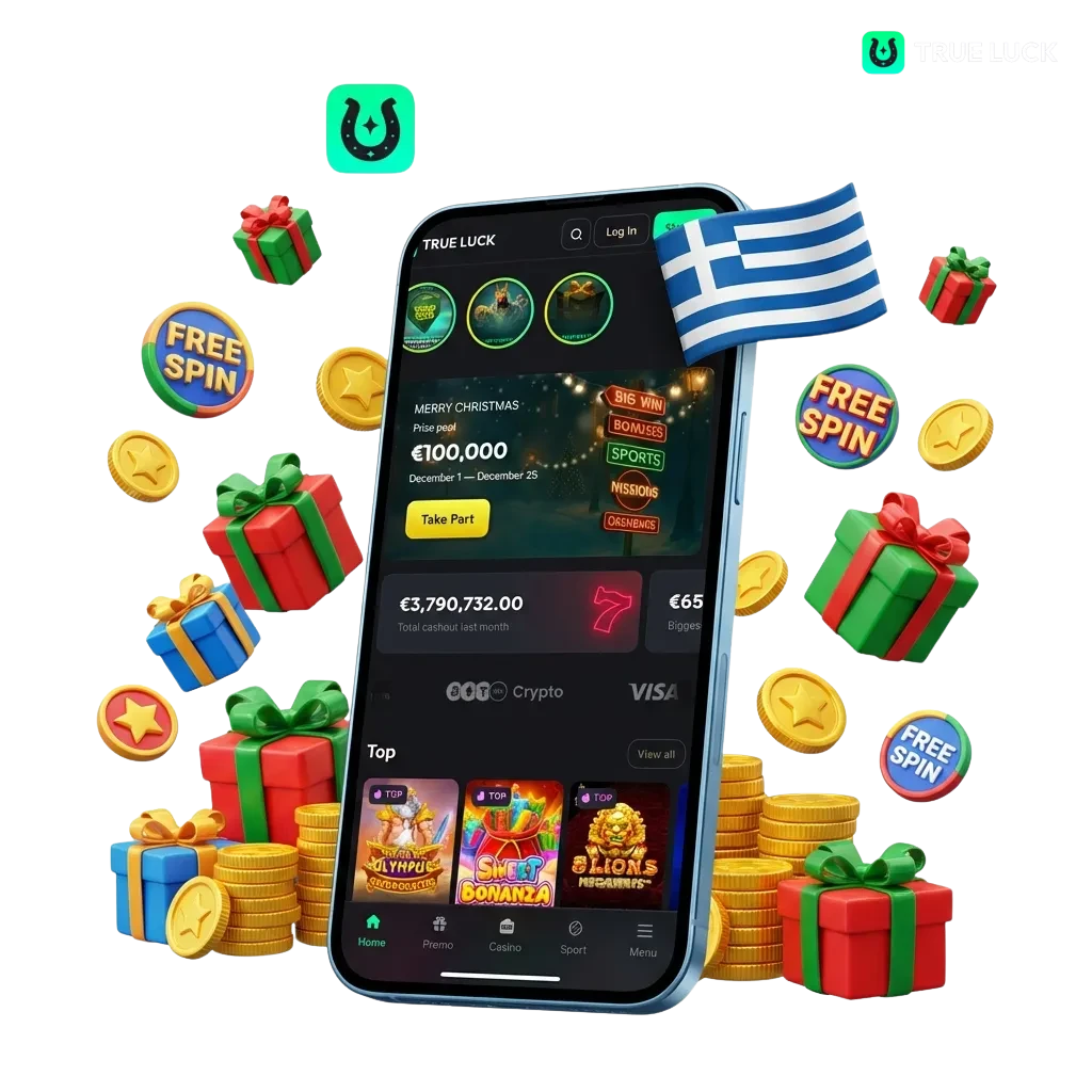 TrueLuck app download page for Android APK and iOS showing welcome bonus offers and payment methods for Greek players